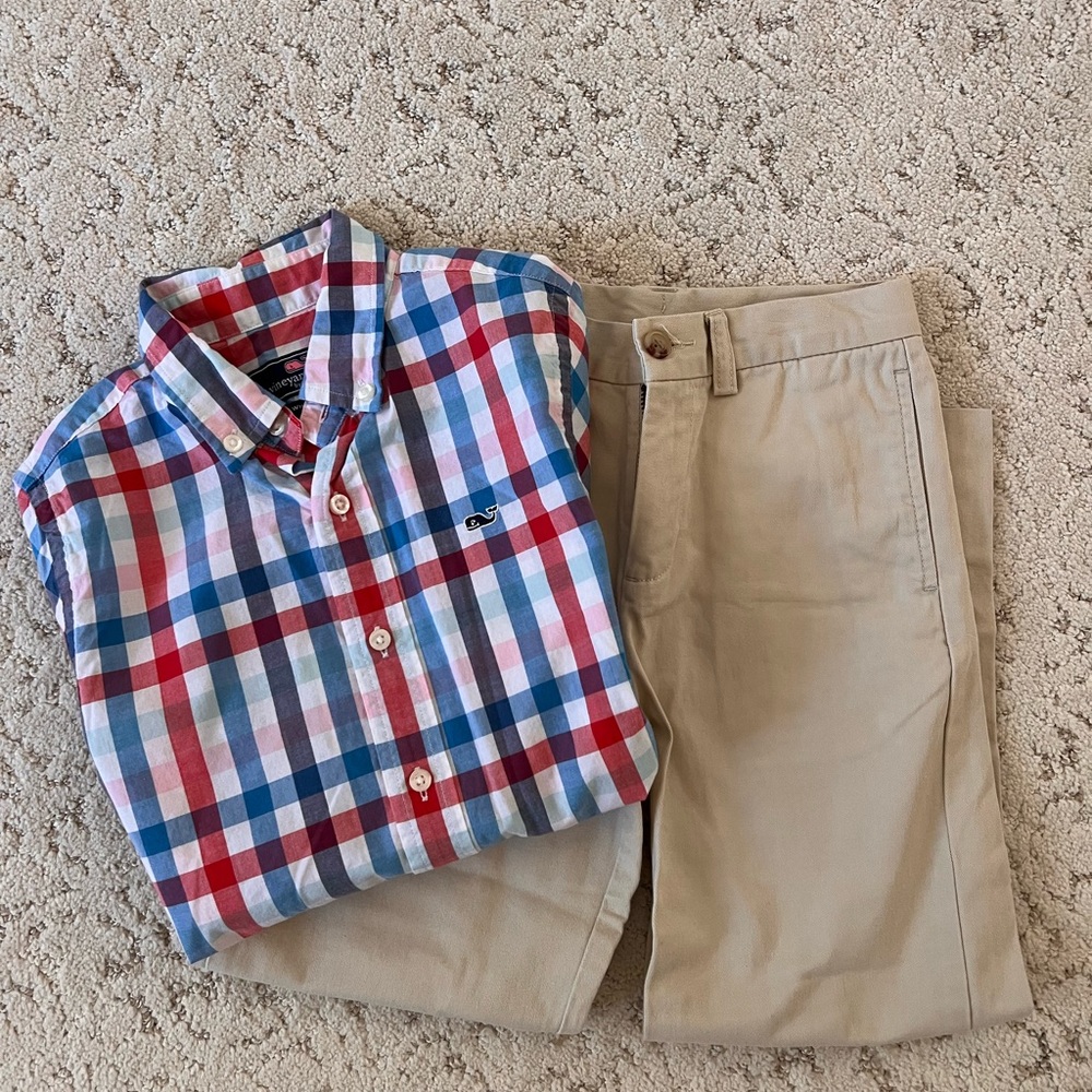 Vineyard Vines long sleeve button down and one pair of Polo long pants. Size 7